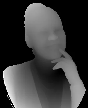 Depth map of the portrait: the face and hand are lighter because they are closer.