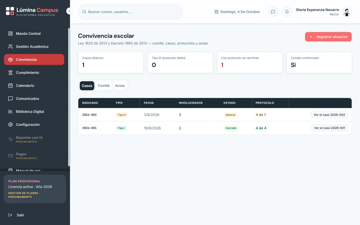 School coexistence screen with two cases and their protocol progress.