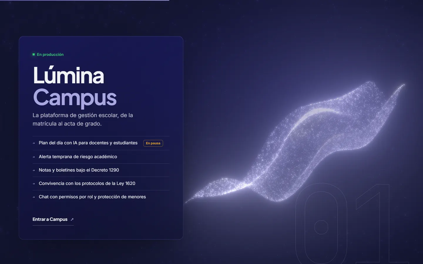 Product card for Lúmina Campus, live, with its list of features.