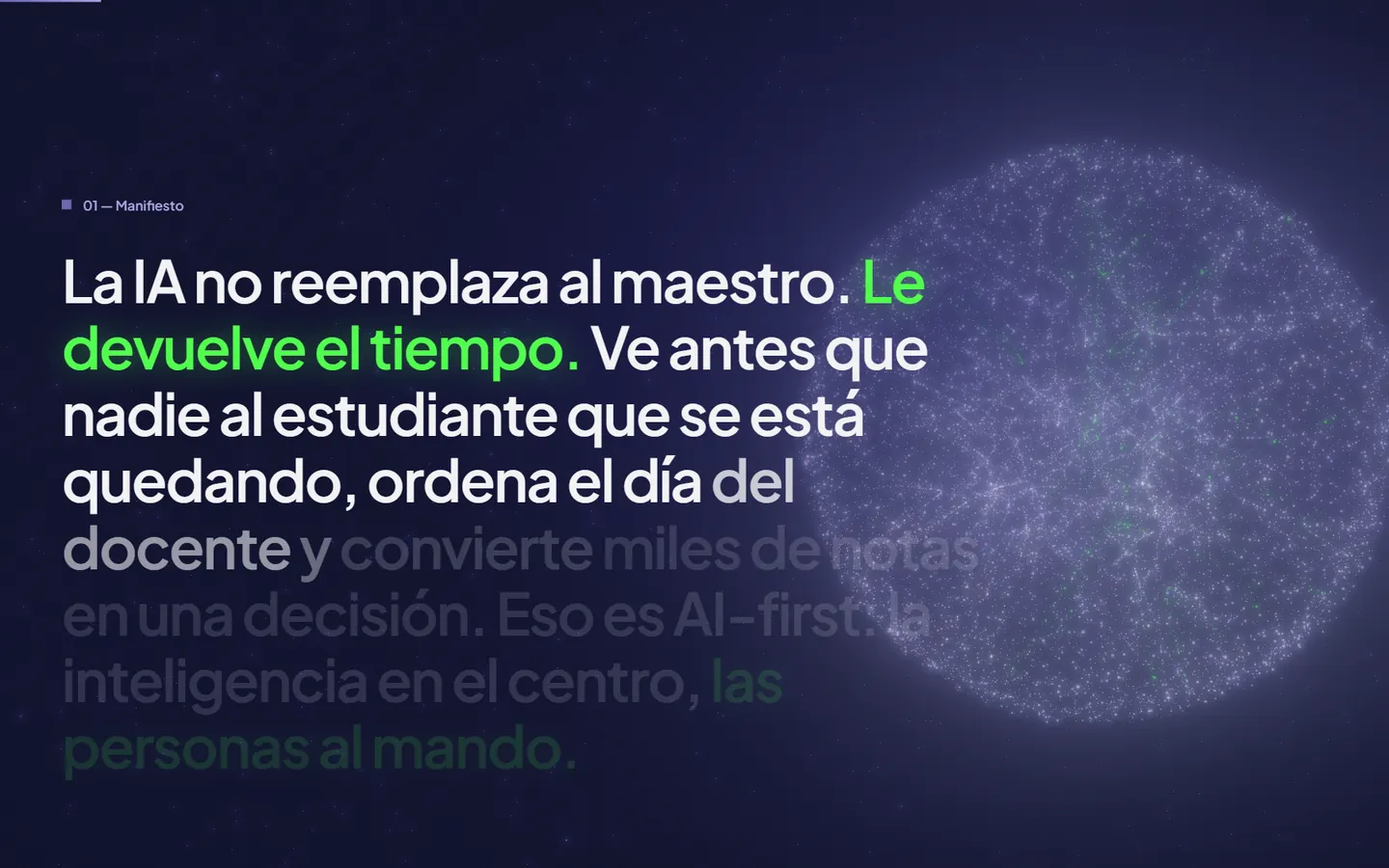 Manifesto section, text over a sphere of particles.